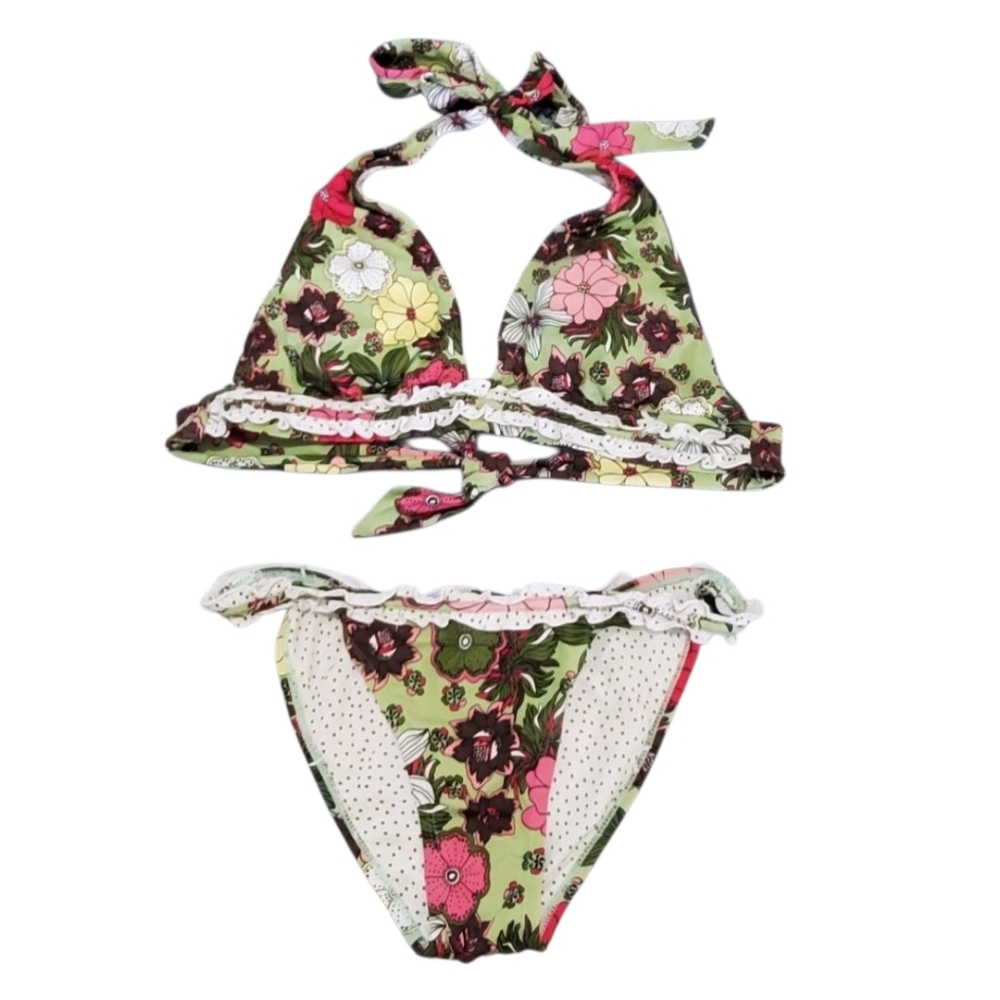 Seven7 Floral Print Ruffle Halter Bikini Set Green/Pink